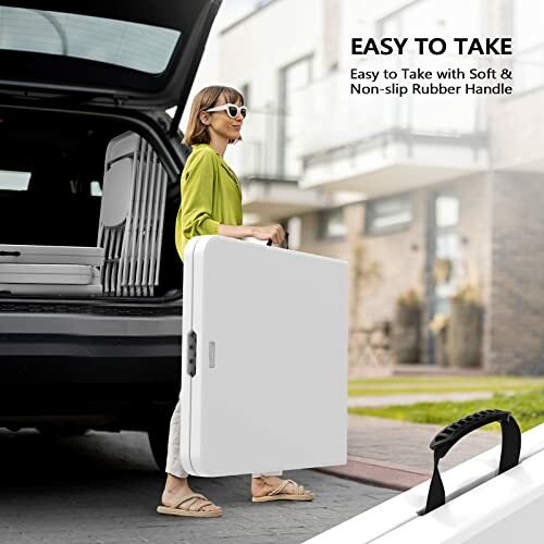 Woman carrying a foldable table with a non-slip rubber handle near a car.