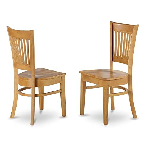 Two wooden dining chairs with slatted backs, perfect for any kitchen decor.