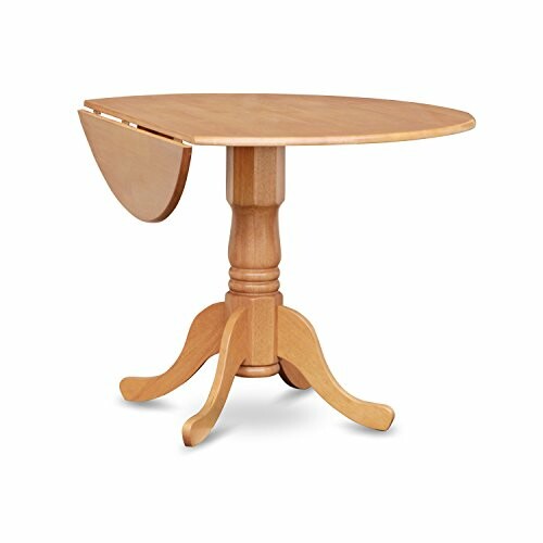 A round wooden drop-leaf table with pedestal base, perfect for any kitchen decor.