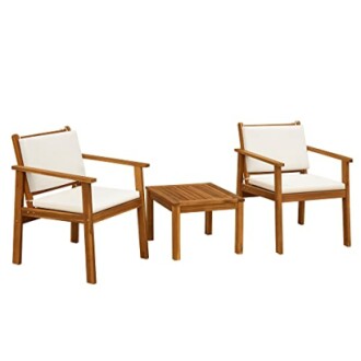 Wooden patio chairs with a matching table set.