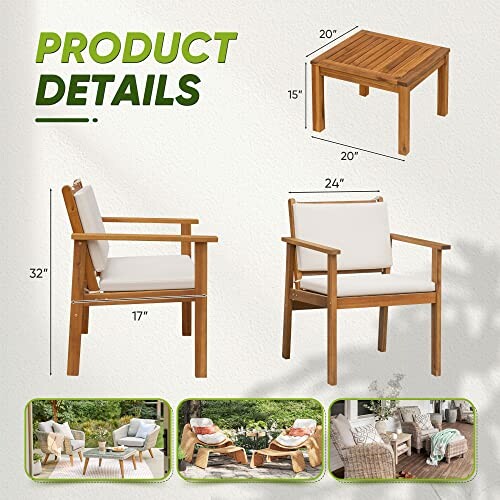 Wooden patio furniture with chairs and table, dimensions shown.